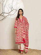 Yufta Pink Embroidered Thread Work Pure Cotton Kurta Trousers & Dupatta | Grocsy