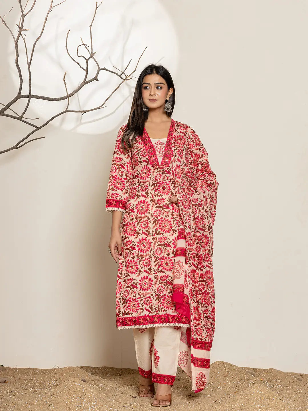 Yufta Pink Embroidered Thread Work Pure Cotton Kurta Trousers & Dupatta | Grocsy
