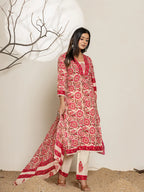 Yufta Pink Embroidered Thread Work Pure Cotton Kurta Trousers & Dupatta | Grocsy