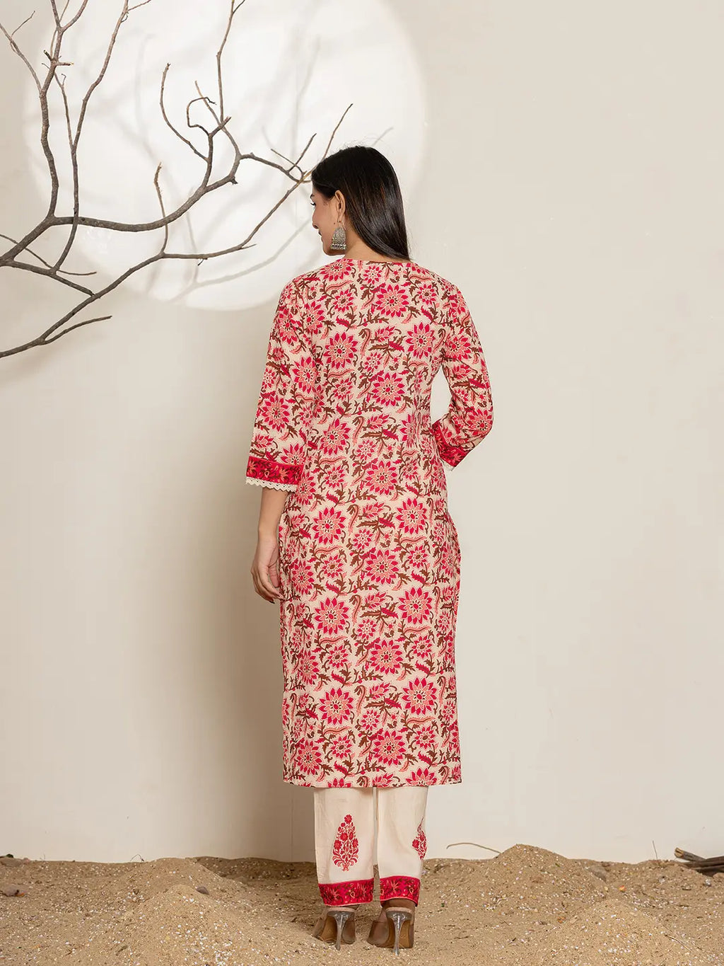 Yufta Pink Embroidered Thread Work Pure Cotton Kurta Trousers & Dupatta | Grocsy