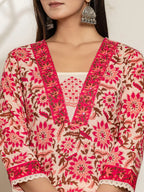 Yufta Pink Embroidered Thread Work Pure Cotton Kurta Trousers & Dupatta | Grocsy