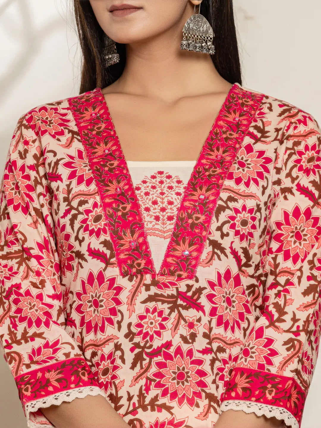 Yufta Pink Embroidered Thread Work Pure Cotton Kurta Trousers & Dupatta | Grocsy