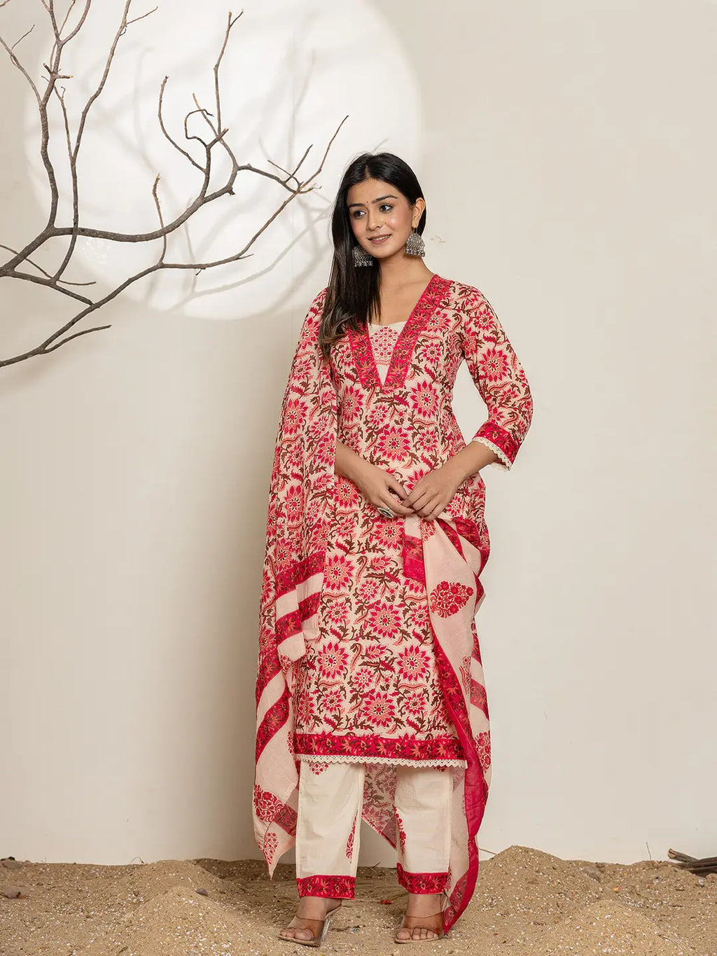 Yufta Pink Embroidered Thread Work Pure Cotton Kurta Trousers & Dupatta | Grocsy