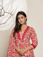 Yufta Pink Embroidered Thread Work Pure Cotton Kurta Trousers & Dupatta | Grocsy
