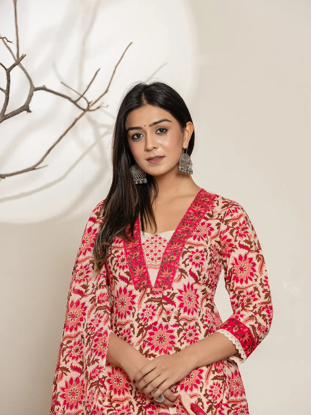 Yufta Pink Embroidered Thread Work Pure Cotton Kurta Trousers & Dupatta | Grocsy