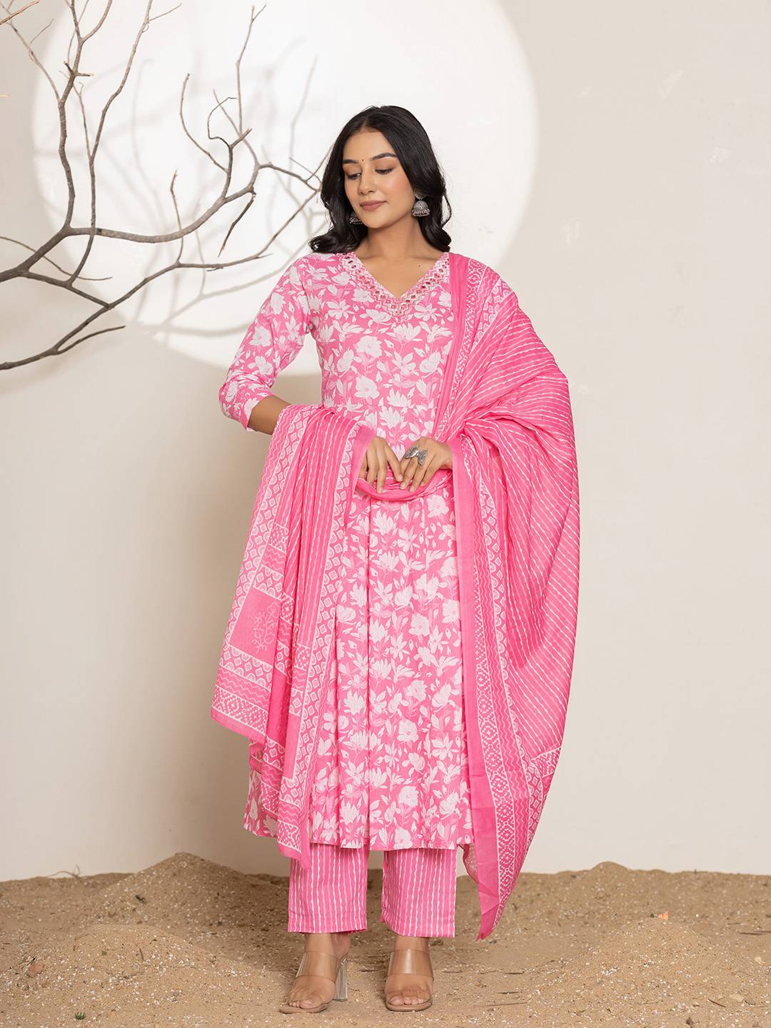 Yufta Pink Embroidery Cotton Anarkali Suit Set | Grocsy