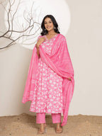 Yufta Pink Embroidery Cotton Anarkali Suit Set | Grocsy