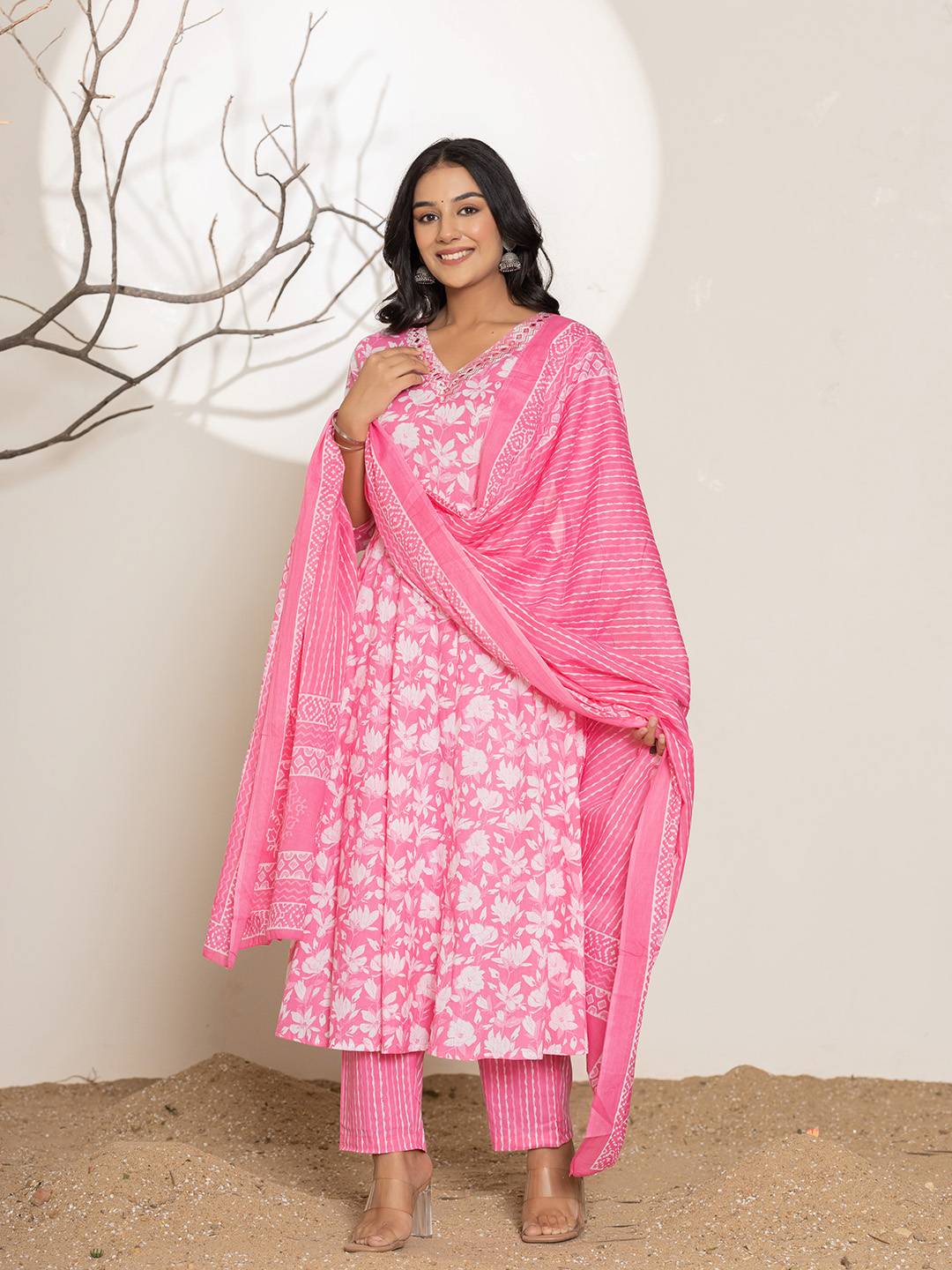 Yufta Pink Embroidery Cotton Anarkali Suit Set | Grocsy