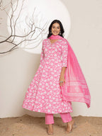 Yufta Pink Embroidery Cotton Anarkali Suit Set | Grocsy