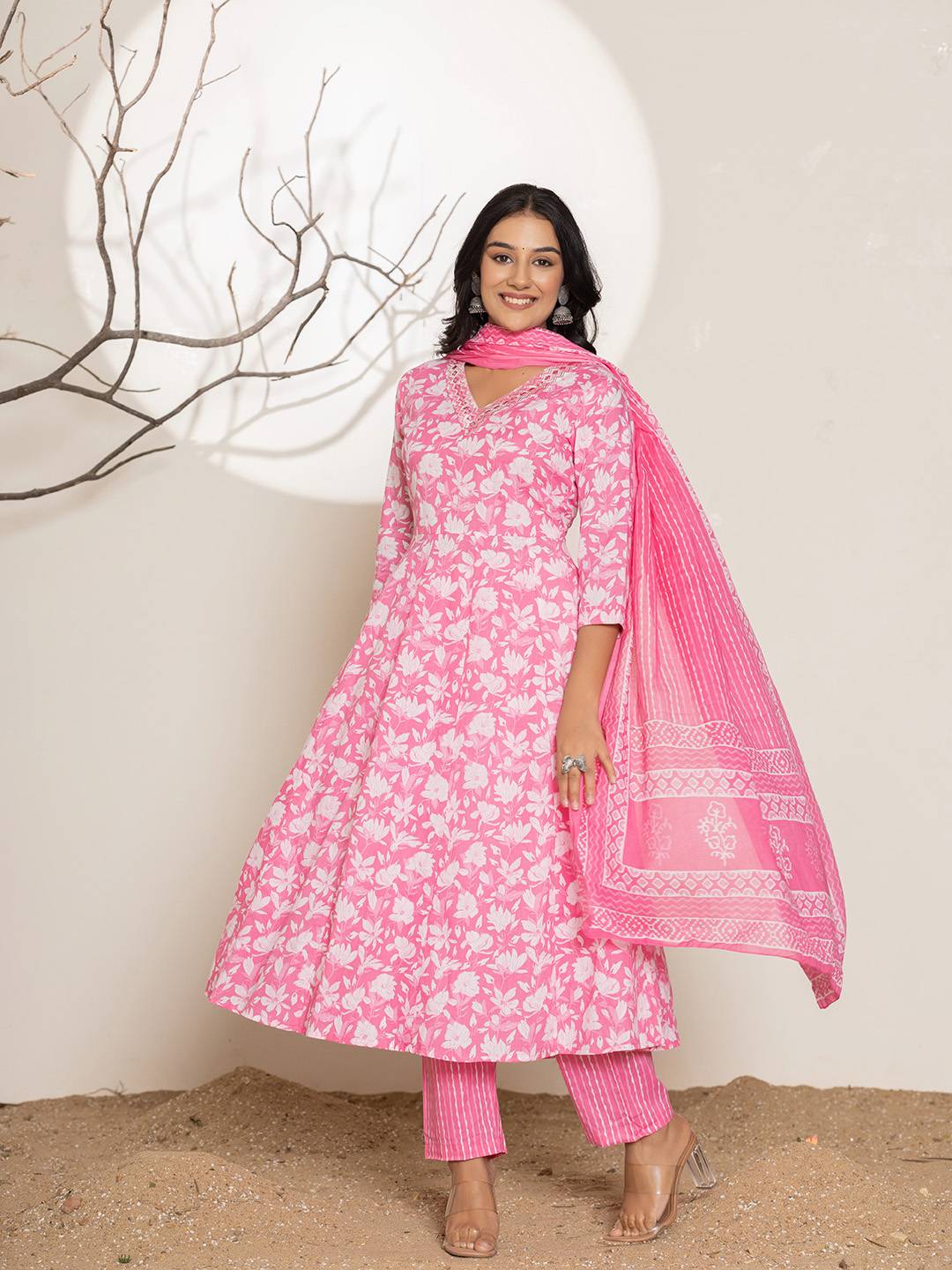 Yufta Pink Embroidery Cotton Anarkali Suit Set | Grocsy
