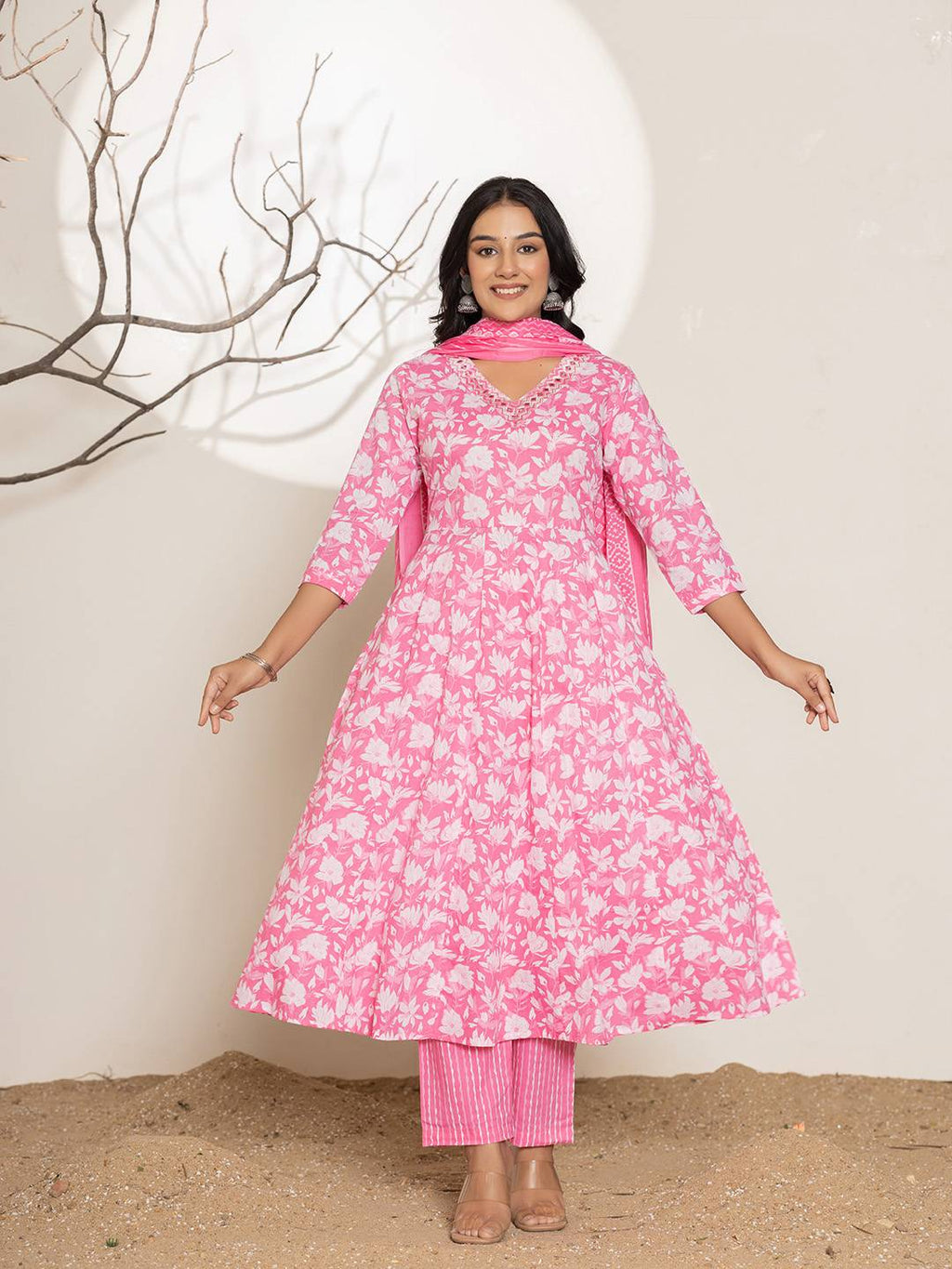Yufta Pink Embroidery Cotton Anarkali Suit Set | Grocsy