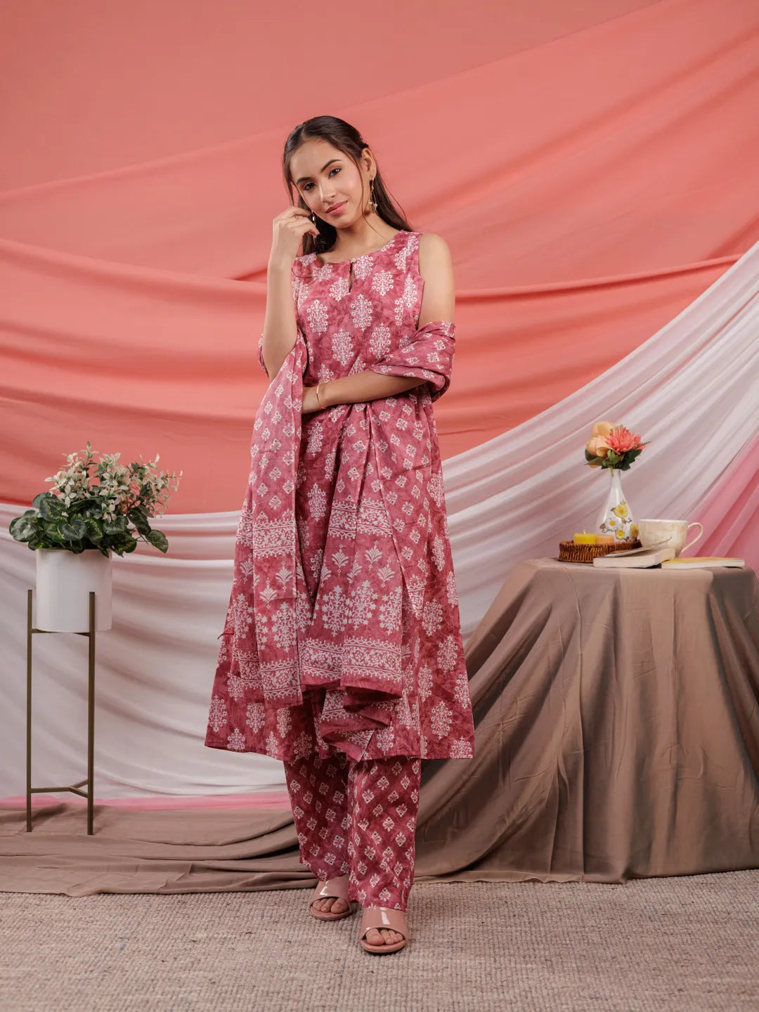 Yufta Pink Ethnic Motifs Cotton A-Line Kurta Trouser & Dupatta Set | Grocsy