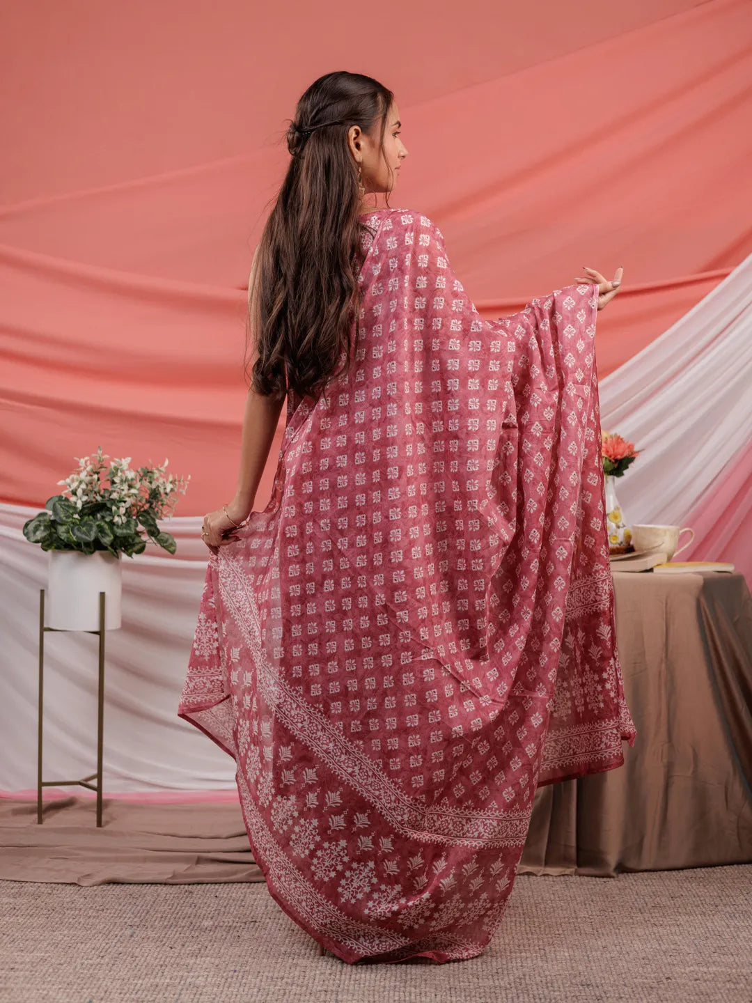 Yufta Pink Ethnic Motifs Cotton A-Line Kurta Trouser & Dupatta Set | Grocsy