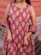 Yufta Pink Ethnic Motifs Cotton A-Line Kurta Trouser & Dupatta Set | Grocsy