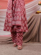 Yufta Pink Ethnic Motifs Cotton A-Line Kurta Trouser & Dupatta Set | Grocsy
