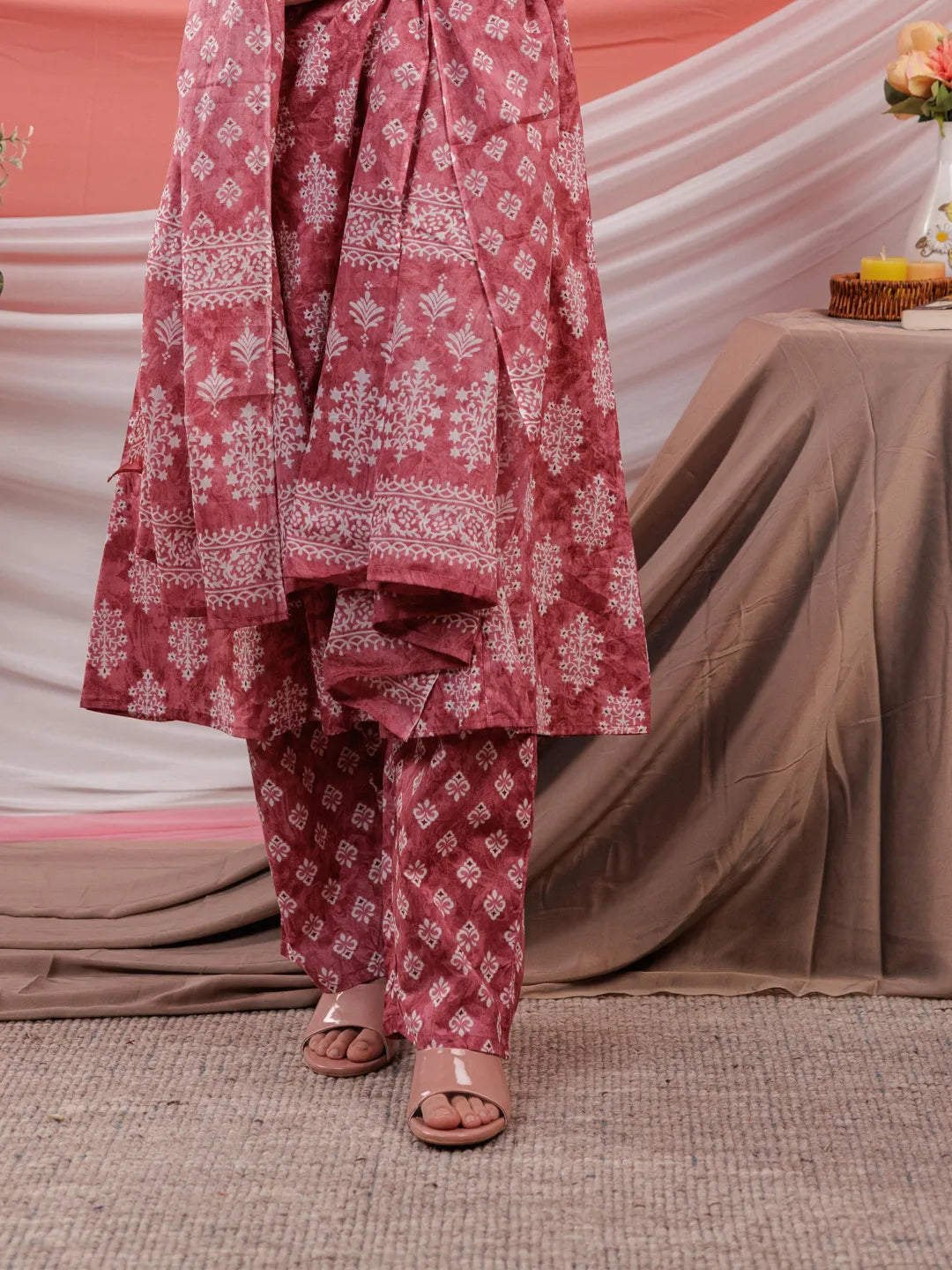 Yufta Pink Ethnic Motifs Cotton A-Line Kurta Trouser & Dupatta Set | Grocsy