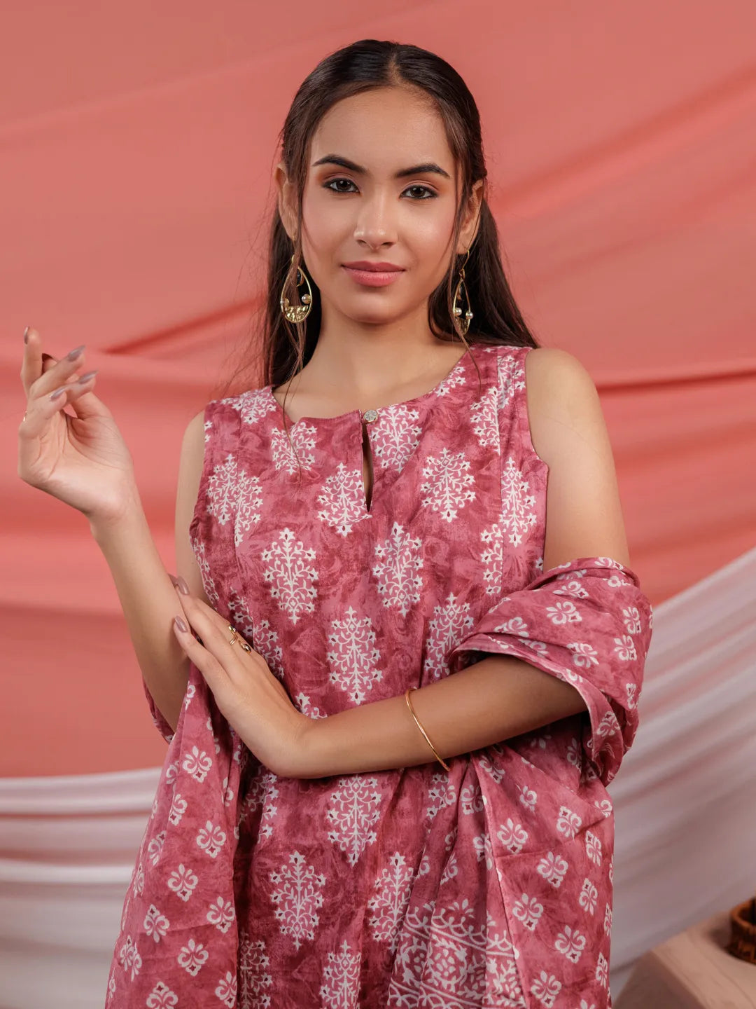 Yufta Pink Ethnic Motifs Cotton A-Line Kurta Trouser & Dupatta Set | Grocsy