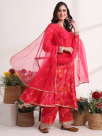 Yufta Pink Ethnic Motifs Lace Work Anarkali Kurta And Trouser With Dupatta Set | Grocsy