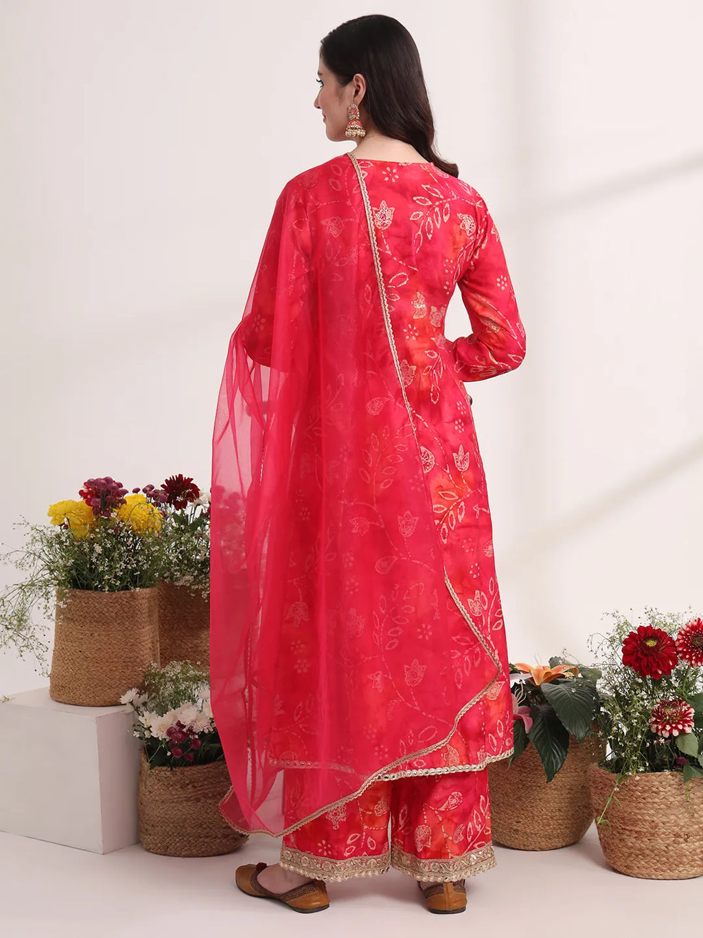 Yufta Pink Ethnic Motifs Lace Work Anarkali Kurta And Trouser With Dupatta Set | Grocsy