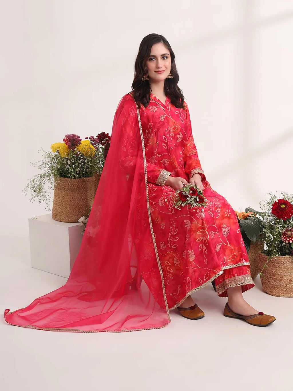 Yufta Pink Ethnic Motifs Lace Work Anarkali Kurta And Trouser With Dupatta Set | Grocsy