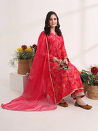 Yufta Pink Ethnic Motifs Lace Work Anarkali Kurta And Trouser With Dupatta Set | Grocsy