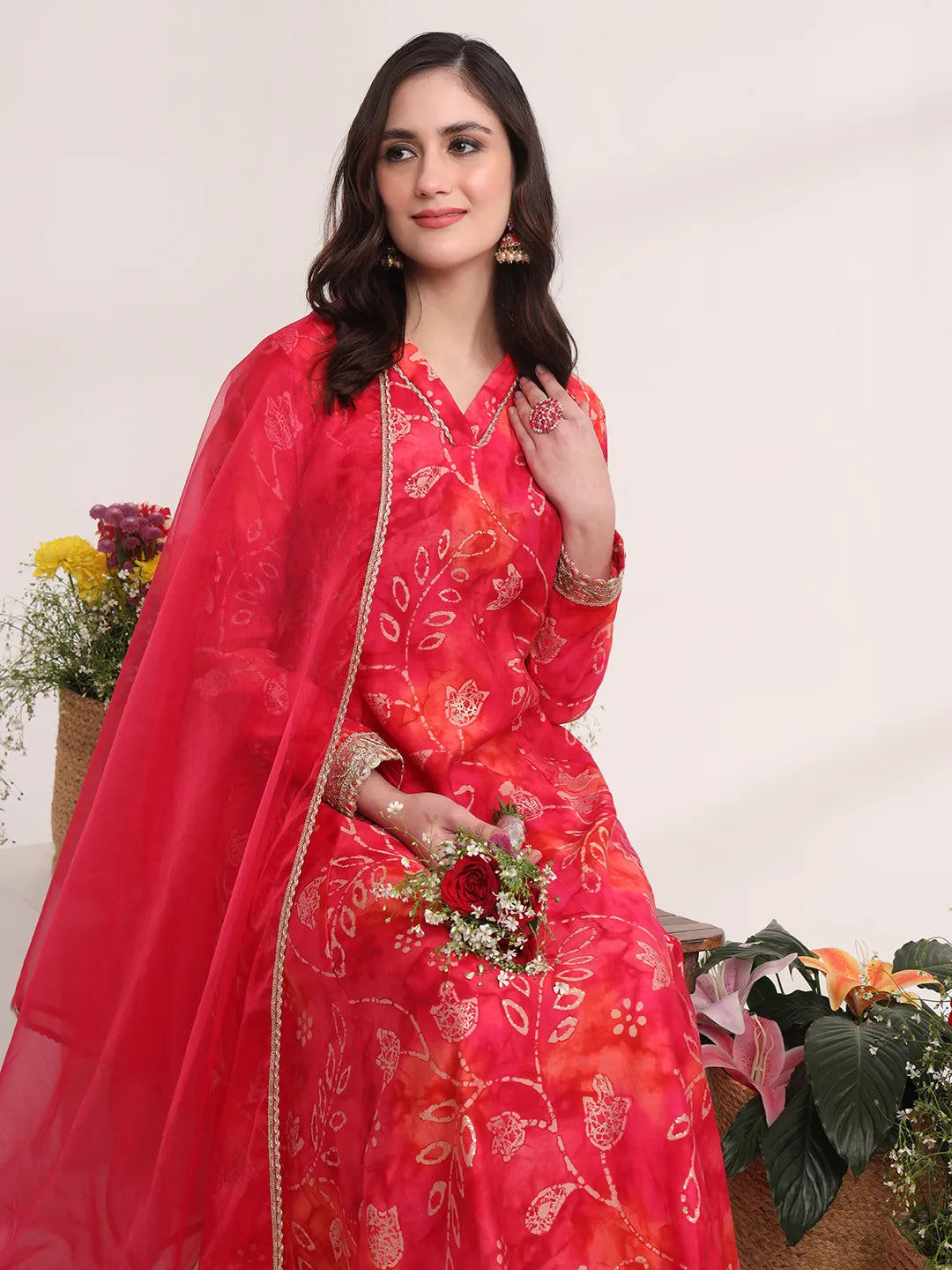 Yufta Pink Ethnic Motifs Lace Work Anarkali Kurta And Trouser With Dupatta Set | Grocsy