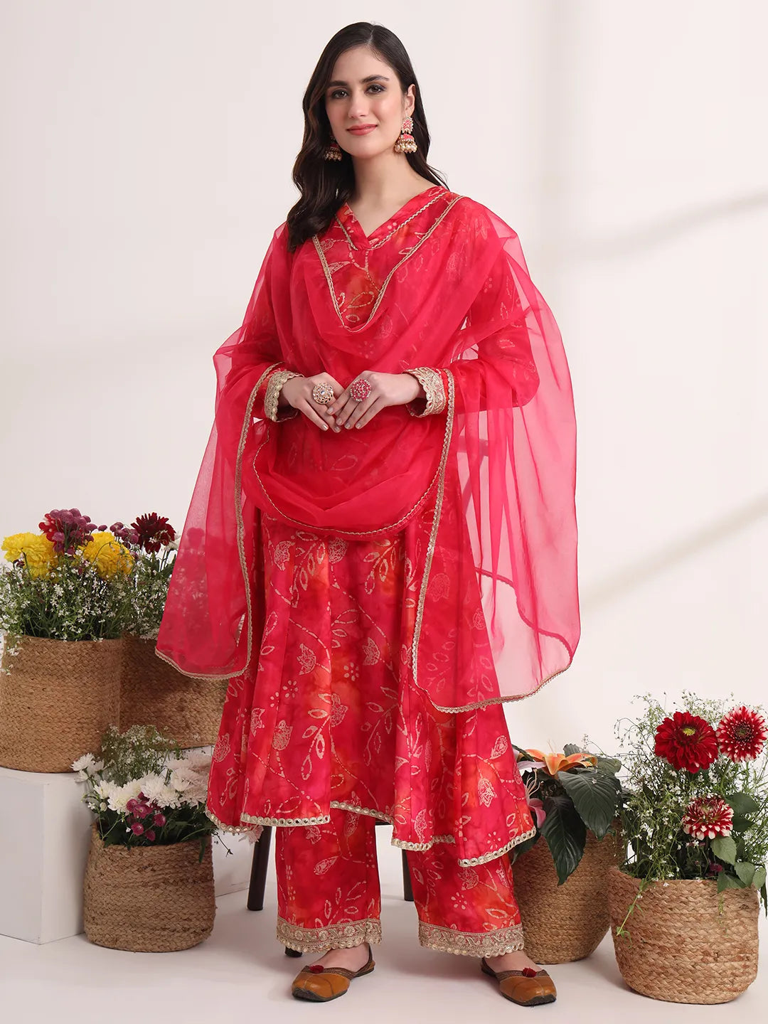 Yufta Pink Ethnic Motifs Lace Work Anarkali Kurta And Trouser With Dupatta Set | Grocsy