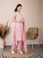 Yufta Pink Ethnic Motifs Print Straight Kurta Trouser Dupatta Set | Grocsy