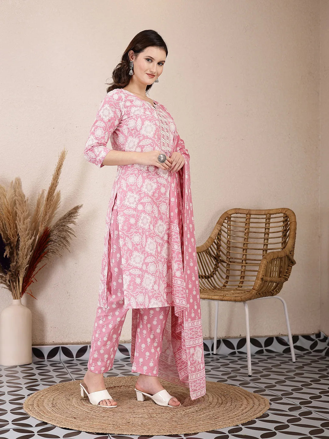 Yufta Pink Ethnic Motifs Print Straight Kurta Trouser Dupatta Set | Grocsy