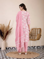 Yufta Pink Ethnic Motifs Print Straight Kurta Trouser Dupatta Set | Grocsy