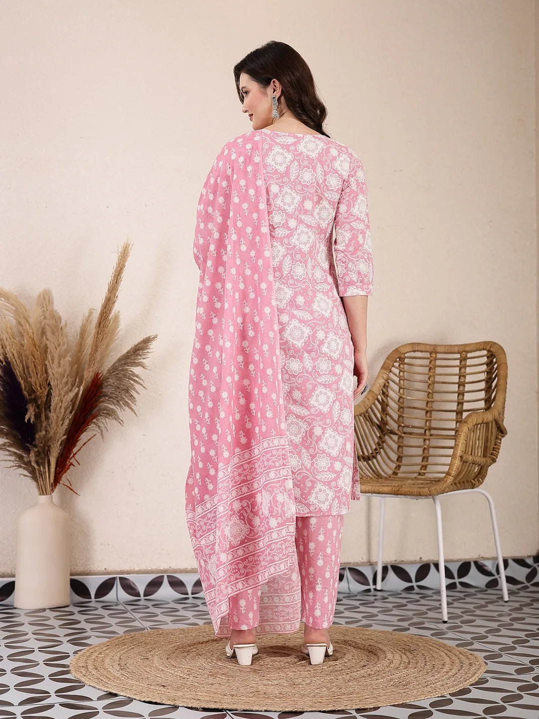 Yufta Pink Ethnic Motifs Print Straight Kurta Trouser Dupatta Set | Grocsy