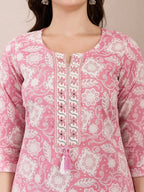 Yufta Pink Ethnic Motifs Print Straight Kurta Trouser Dupatta Set | Grocsy