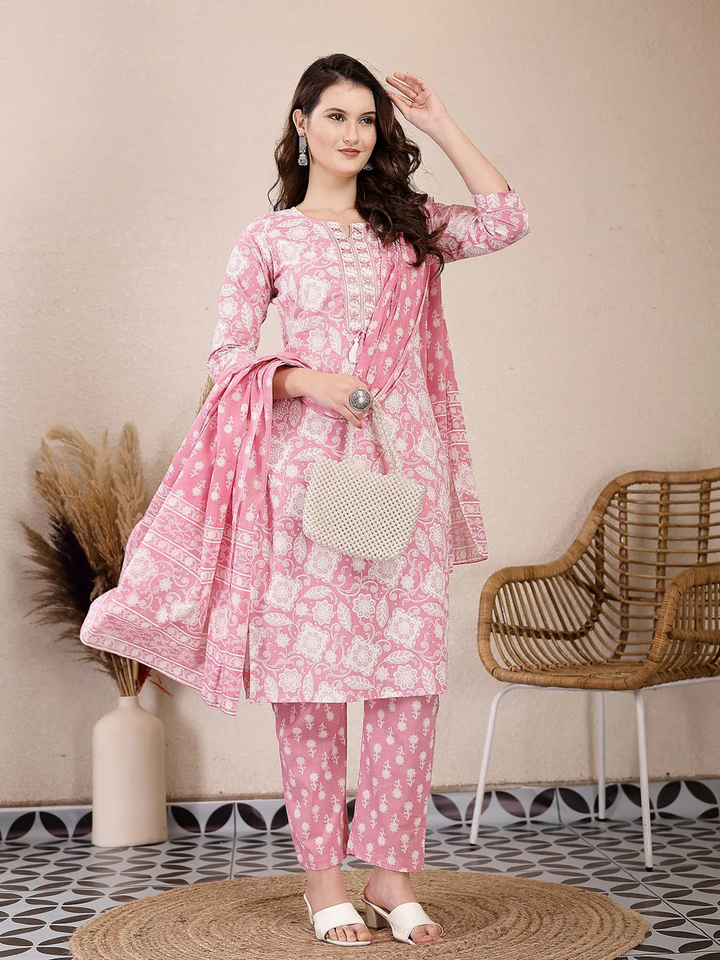 Yufta Pink Ethnic Motifs Print Straight Kurta Trouser Dupatta Set | Grocsy
