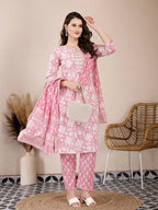 Yufta Pink Ethnic Motifs Print Straight Kurta Trouser Dupatta Set | Grocsy