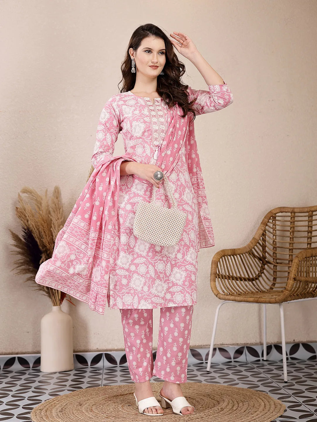 Yufta Pink Ethnic Motifs Print Straight Kurta Trouser Dupatta Set | Grocsy