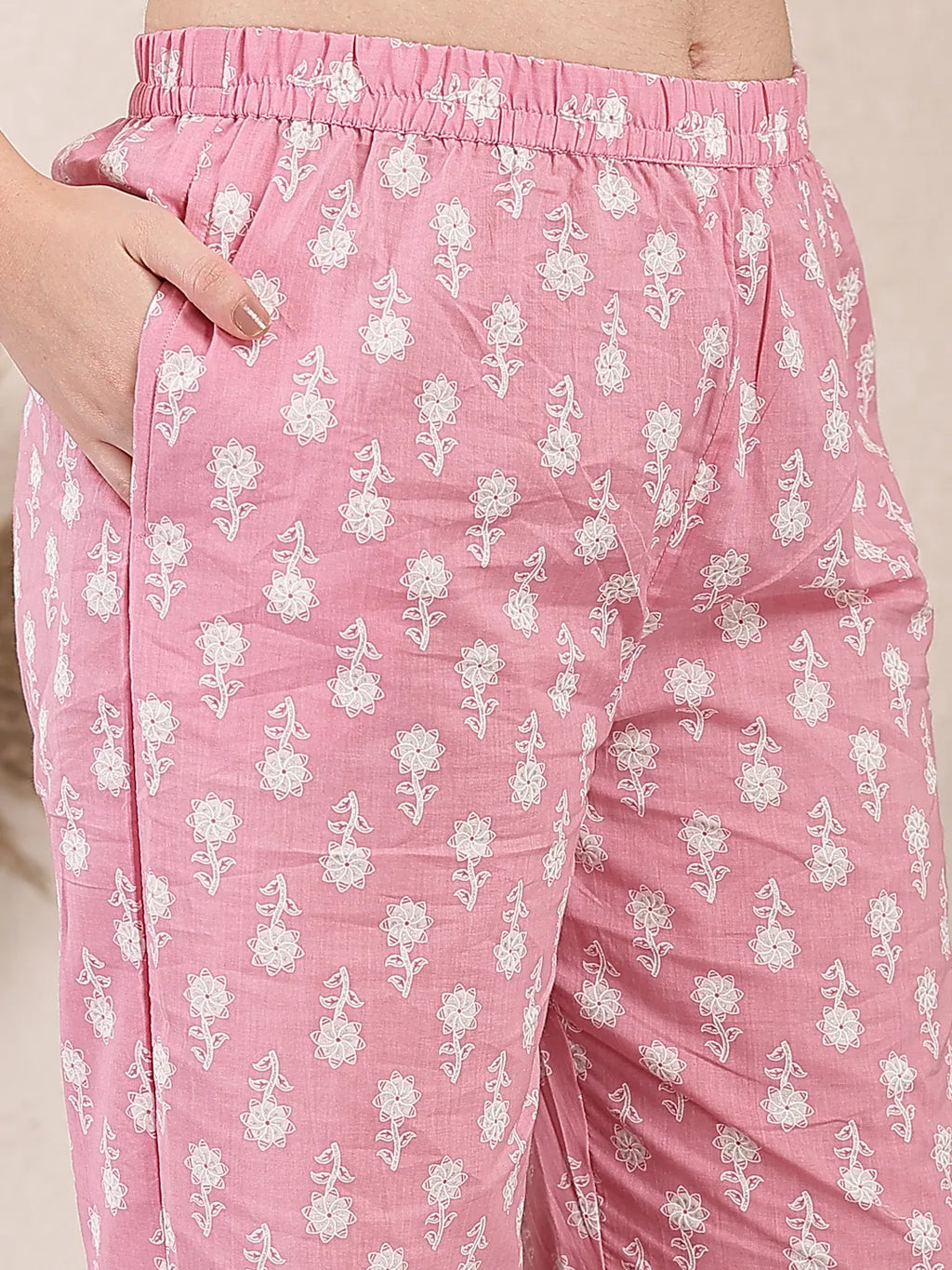 Yufta Pink Ethnic Motifs Print Straight Kurta Trouser Dupatta Set | Grocsy