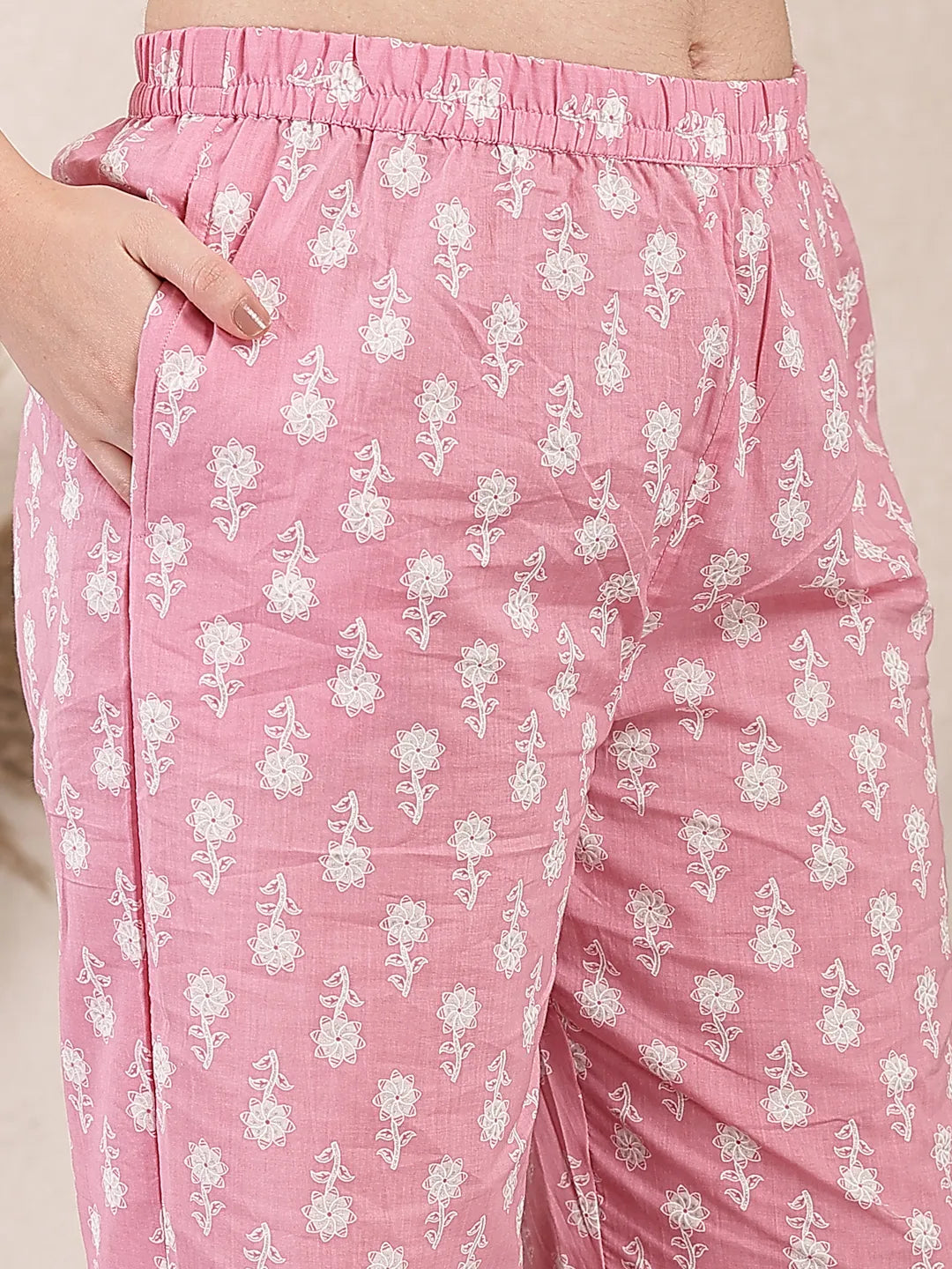 Yufta Pink Ethnic Motifs Print Straight Kurta Trouser Dupatta Set | Grocsy