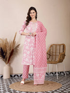 Yufta Pink Ethnic Motifs Print Straight Kurta Trouser Dupatta Set | Grocsy