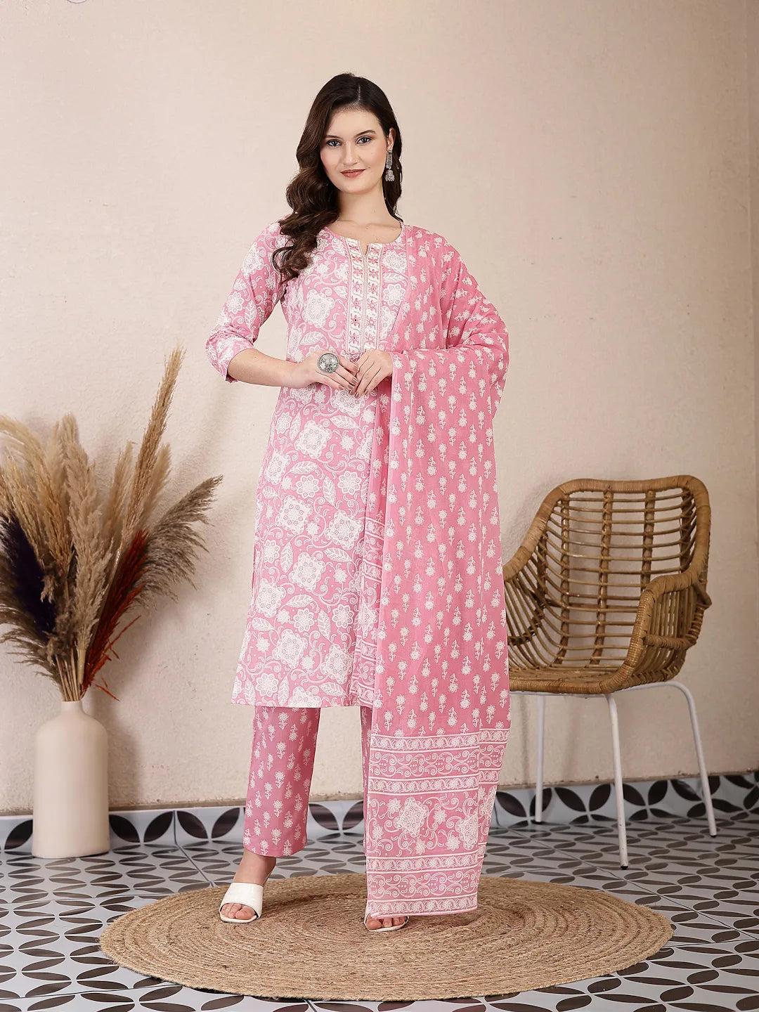 Yufta Pink Ethnic Motifs Print Straight Kurta Trouser Dupatta Set | Grocsy
