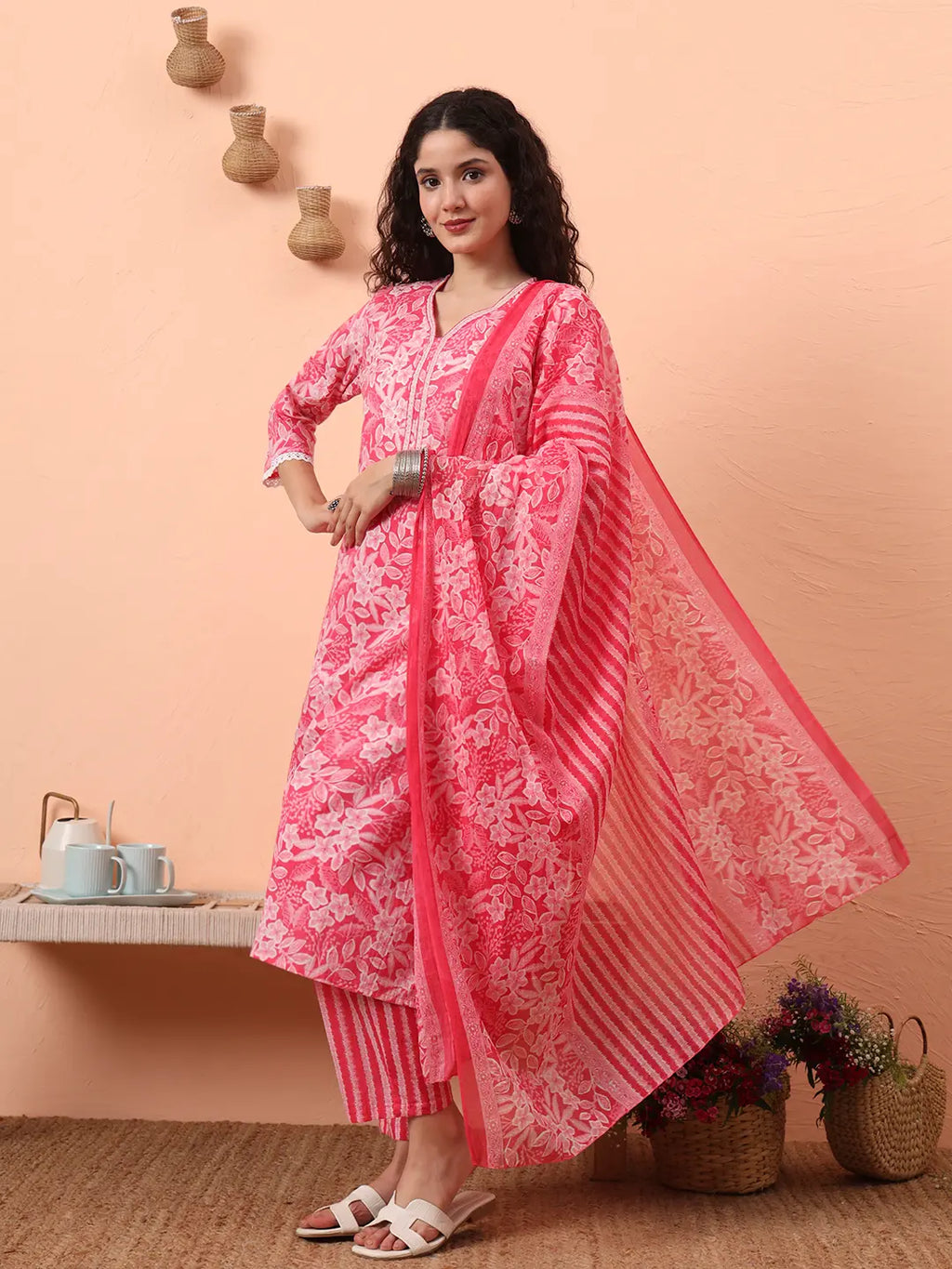 Yufta Pink Ethnic Motifs Pure Cotton Straight Kurta Pant Set | Grocsy