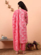 Yufta Pink Ethnic Motifs Pure Cotton Straight Kurta Pant Set | Grocsy