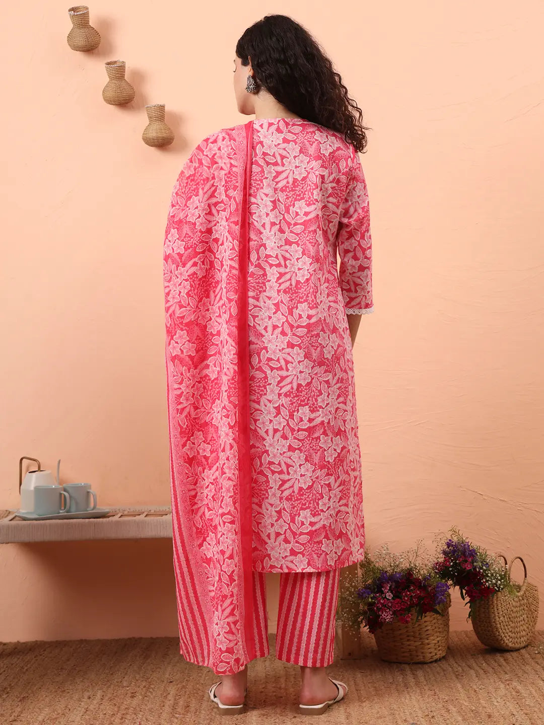 Yufta Pink Ethnic Motifs Pure Cotton Straight Kurta Pant Set | Grocsy