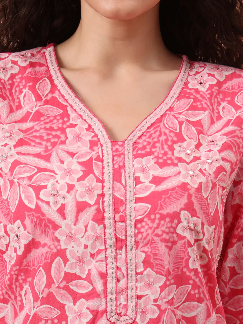 Yufta Pink Ethnic Motifs Pure Cotton Straight Kurta Pant Set | Grocsy