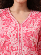Yufta Pink Ethnic Motifs Pure Cotton Straight Kurta Pant Set | Grocsy