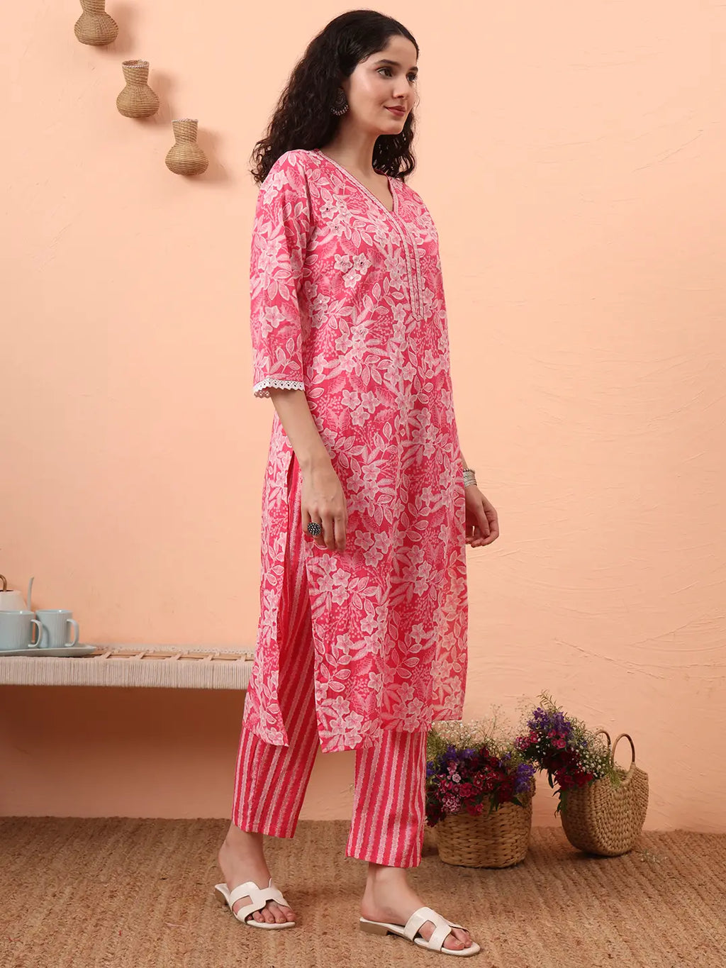 Yufta Pink Ethnic Motifs Pure Cotton Straight Kurta Pant Set | Grocsy