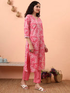 Yufta Pink Ethnic Motifs Pure Cotton Straight Kurta Pant Set | Grocsy