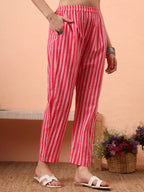 Yufta Pink Ethnic Motifs Pure Cotton Straight Kurta Pant Set | Grocsy