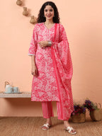 Yufta Pink Ethnic Motifs Pure Cotton Straight Kurta Pant Set | Grocsy