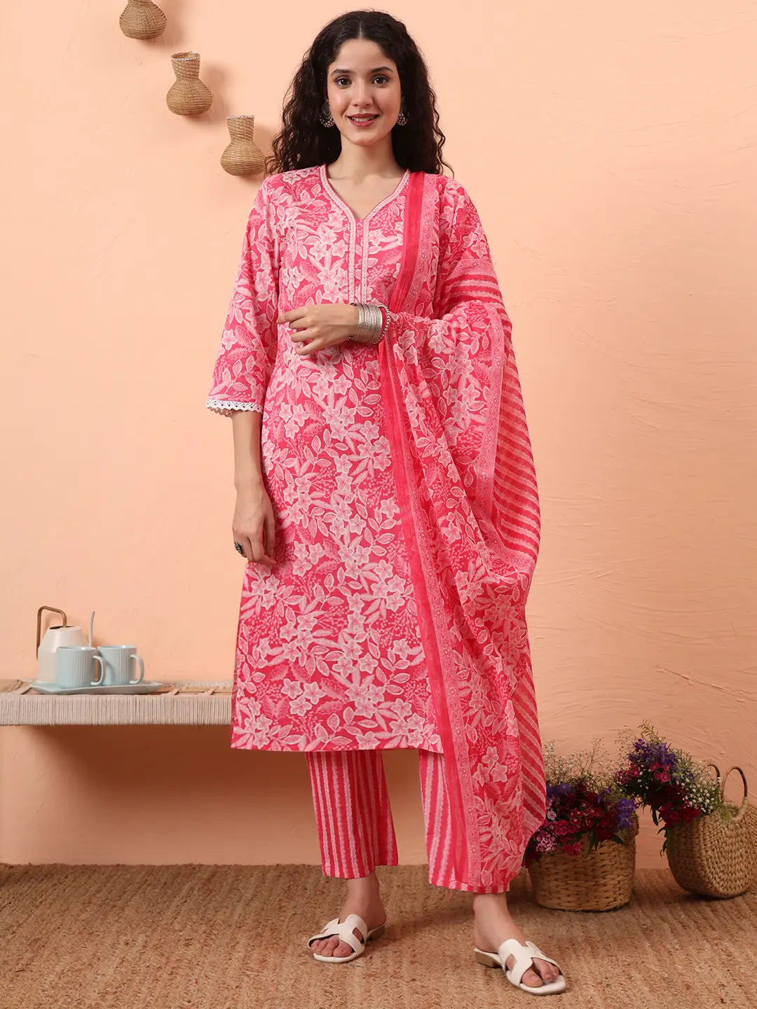 Yufta Pink Ethnic Motifs Pure Cotton Straight Kurta Pant Set | Grocsy