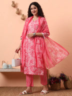 Yufta Pink Ethnic Motifs Pure Cotton Straight Kurta Pant Set | Grocsy